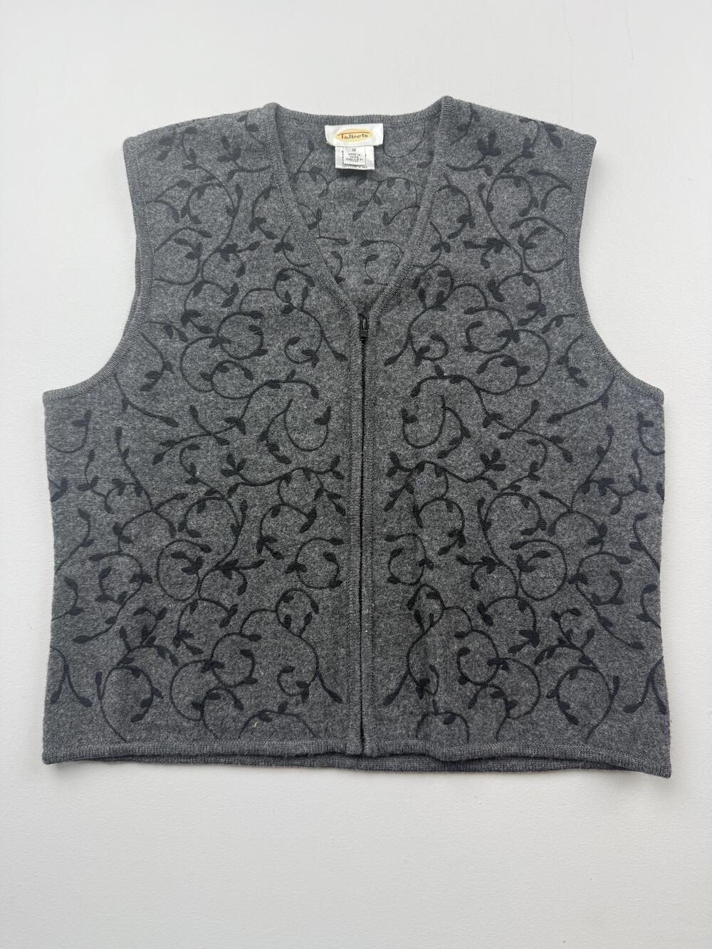 Talbots Sweater Vest Womens Medium Gray Floral Full Zip Front Collarless Knit